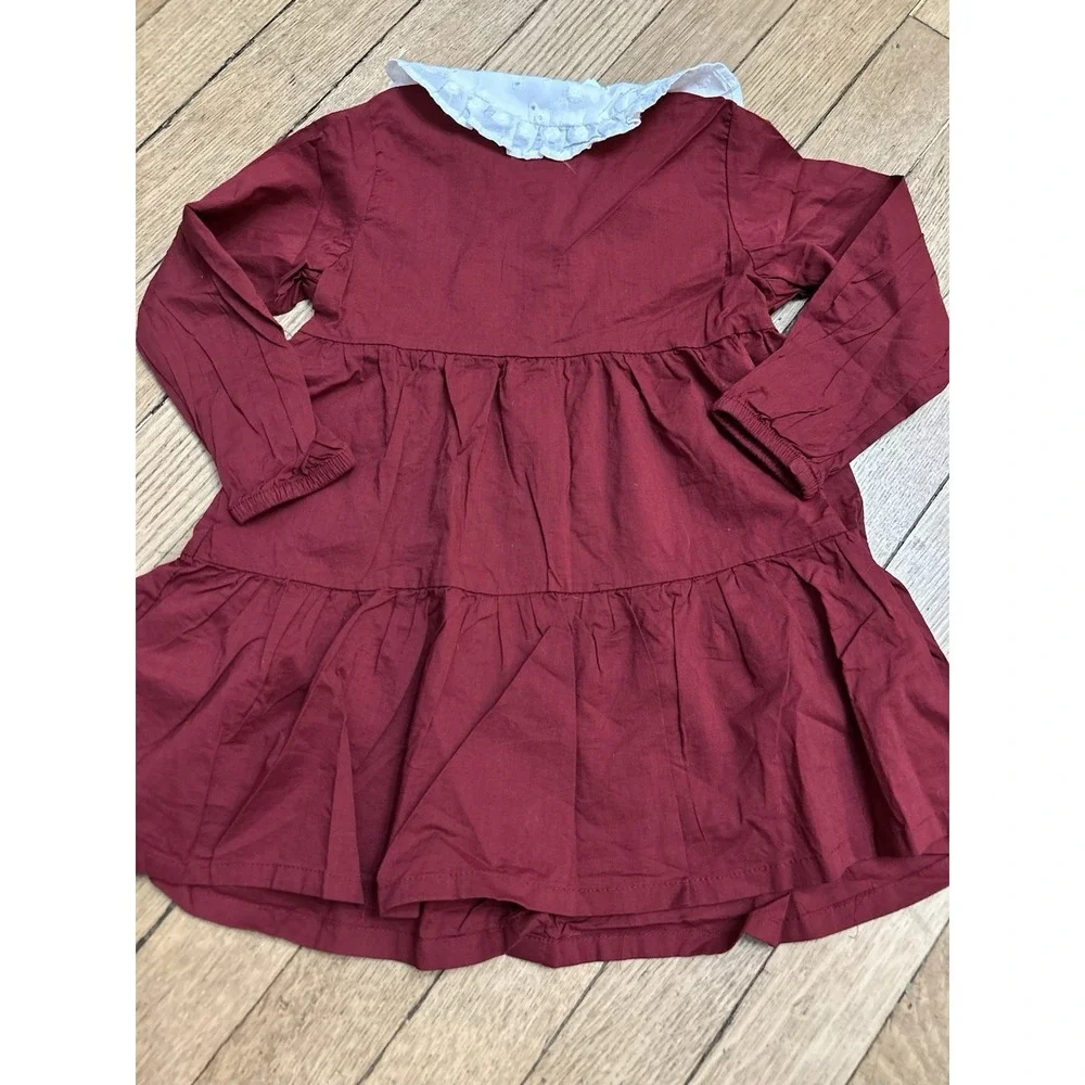 NWT H&M 2T Red Maroon Dress Eyelet Collared Long Sleeve Cotton New